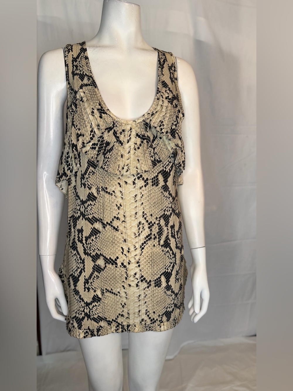 Roberto Cavalli Beige and Black Snake-Print Ruffle Tank